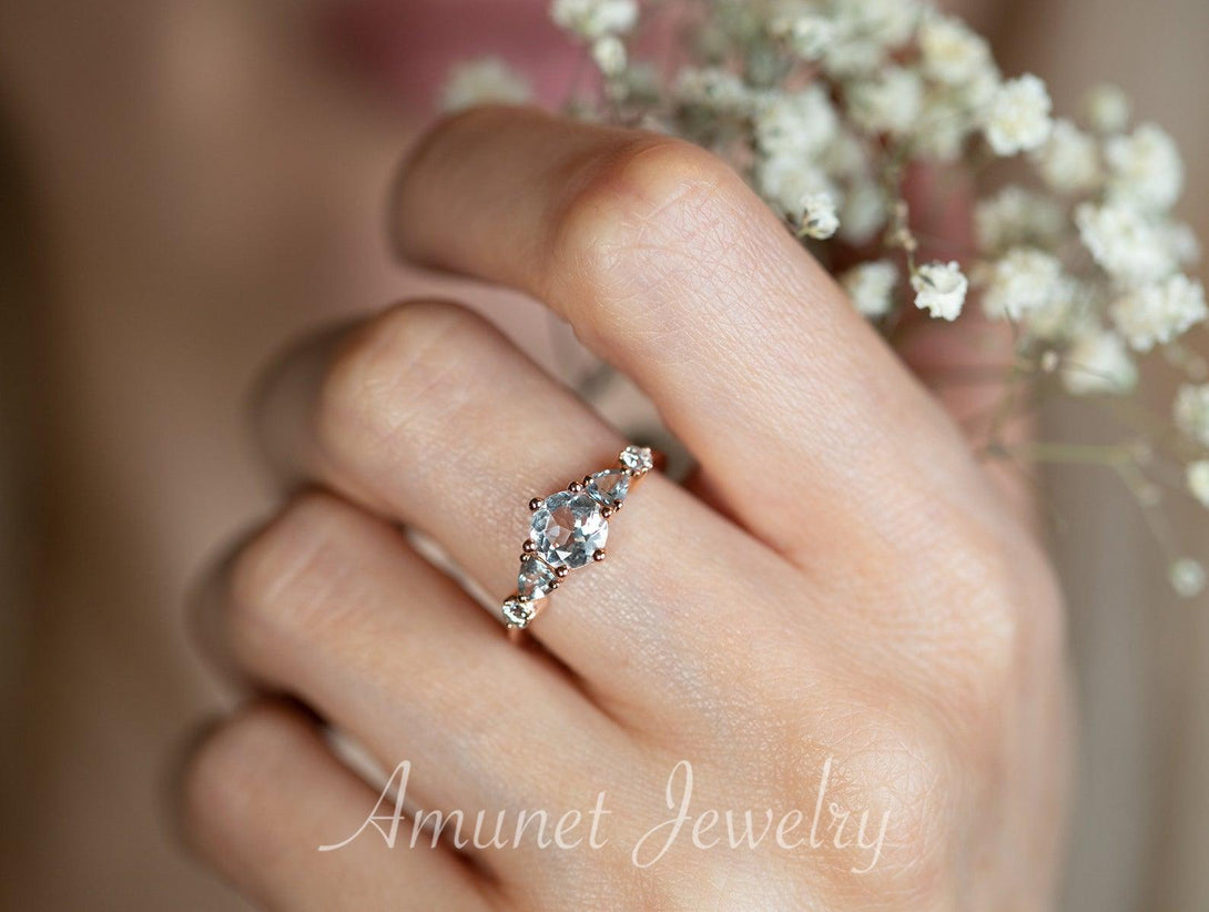 Beautiful timeless aquamarine ring, engagement ring, cluster ring, trillion ring - Amunet Jewelry