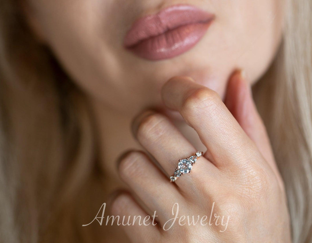 Beautiful timeless aquamarine ring, engagement ring, cluster ring, trillion ring - Amunet Jewelry