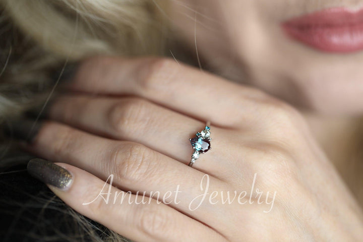 Alexandrite engagement ring,Chatham alexandrite ring,alexandrite cluster ring, unique engagement ring - Amunet Jewelry