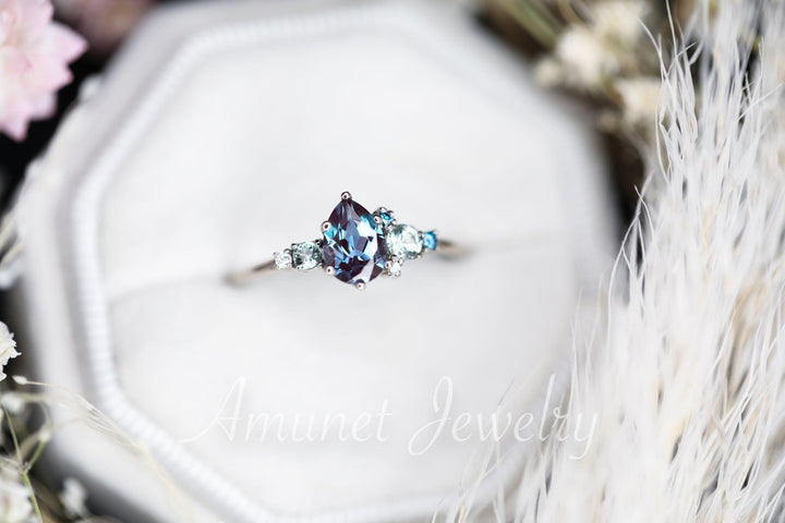 Alexandrite engagement ring,Chatham alexandrite ring,alexandrite cluster ring, unique engagement ring - Amunet Jewelry