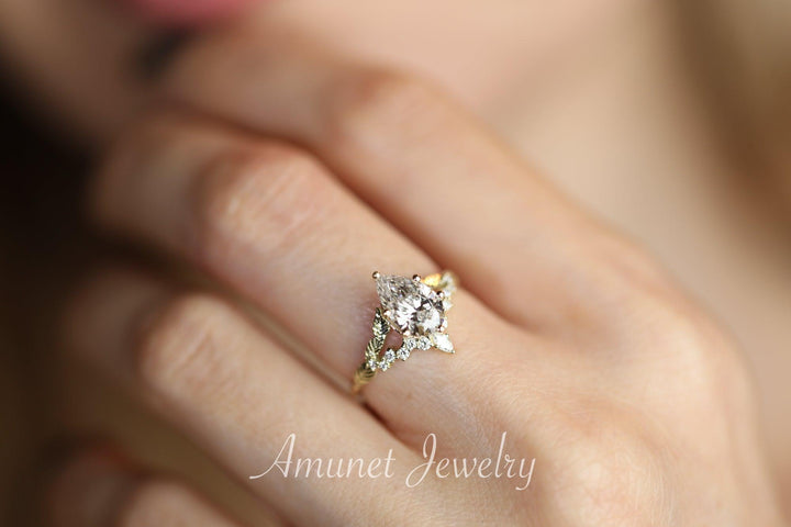 Pear diamond engagement ring, lab diamond ring cluster ring, leaf ring,nature inspired ring,diamond unique ring. - Amunet Jewelry