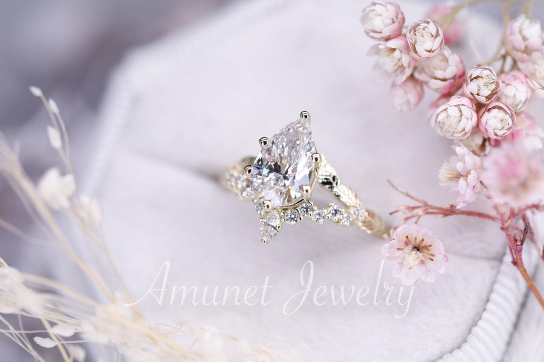 Pear diamond engagement ring, lab diamond ring cluster ring, leaf ring,nature inspired ring,diamond unique ring. - Amunet Jewelry