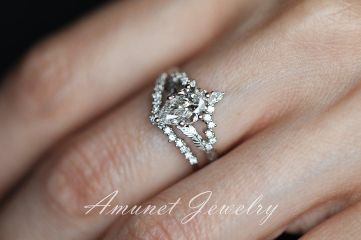 Pear diamond engagement ring set, lab diamond ring cluster ring, leaf ring, nature inspired ring, diamond unique ring. - Amunet Jewelry