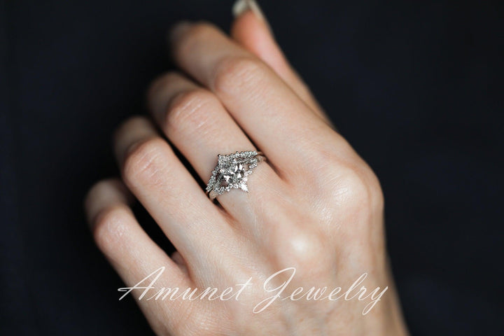Pear diamond engagement ring set, lab diamond ring cluster ring, leaf ring, nature inspired ring, diamond unique ring. - Amunet Jewelry
