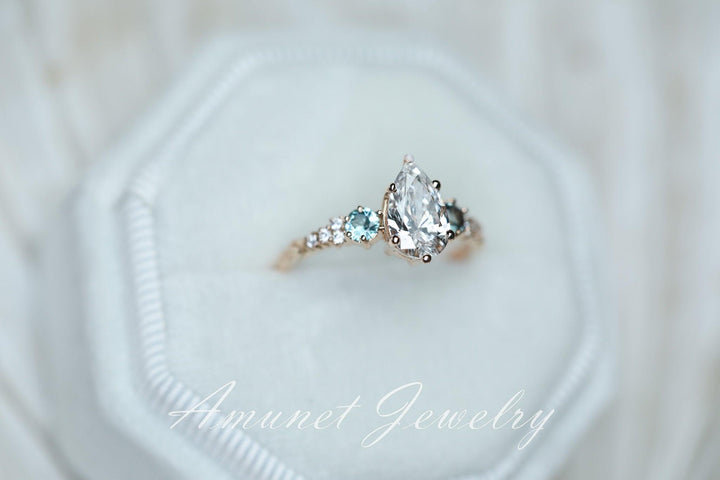 Pear diamond ring, engagement ring,lab diamond ring,cluster ring, leaf design ring,unique ring. - Amunet Jewelry