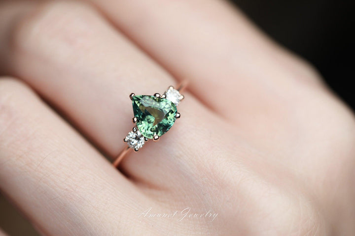 Teal sapphire ring,green yellow Madagascar sapphire,pear sapphire engagement ring,wedding ring,unique ring. - Amunet Jewelry