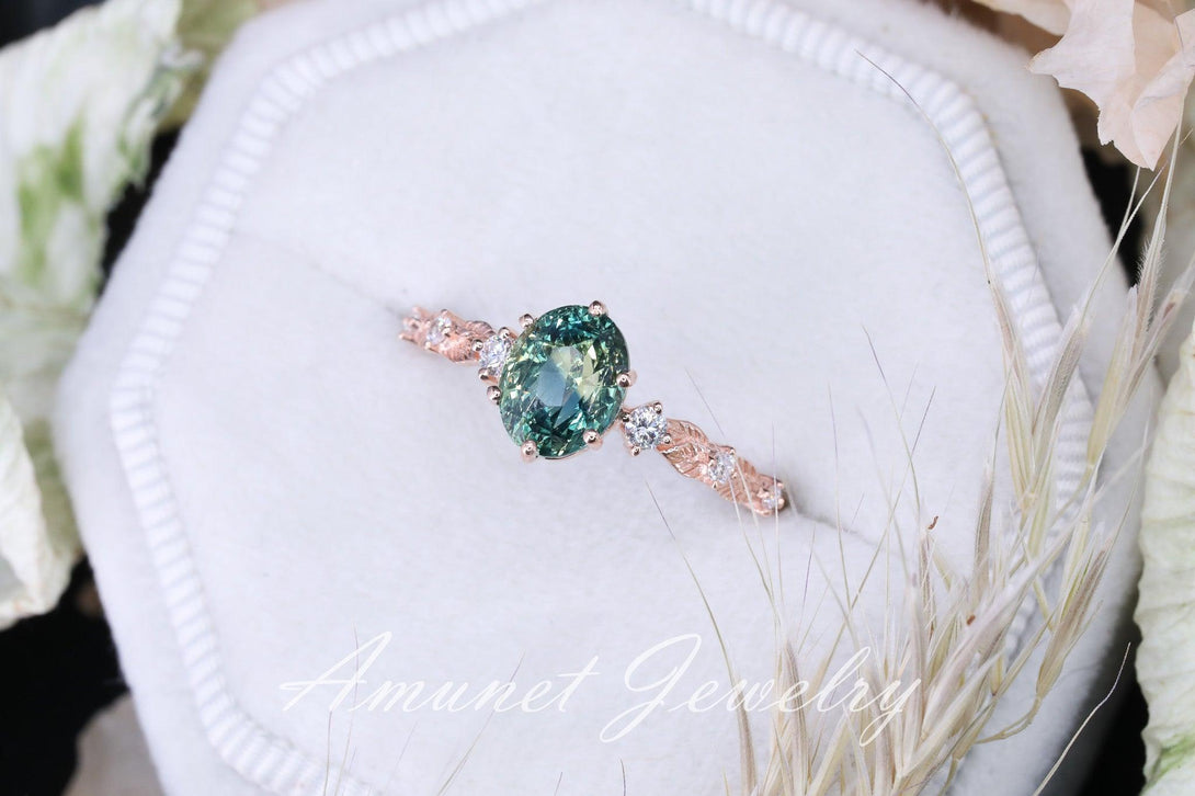 Oval Teal Sapphire ring, teal sapphire engagement ring, yellow green sapphire cluster ring, unique ring. - Amunet Jewelry