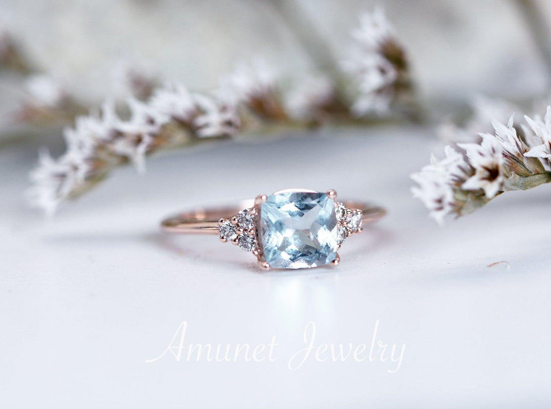 Engagement ring with blue aquamarine cushion,  , cushion cluster aquamarine ring, cluster diamond ring. - Amunet Jewelry