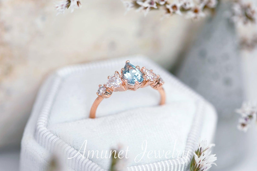 Engagement ring with a aquamarine and trillion moissanites, Charles & Colvard moissanites,cluster ring - Amunet Jewelry