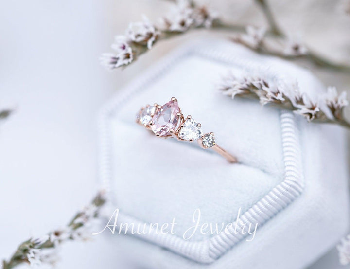 Engagement ring with a pink morganite, cluster ring,   Charles & Colvard engagement ring - Amunet Jewelry