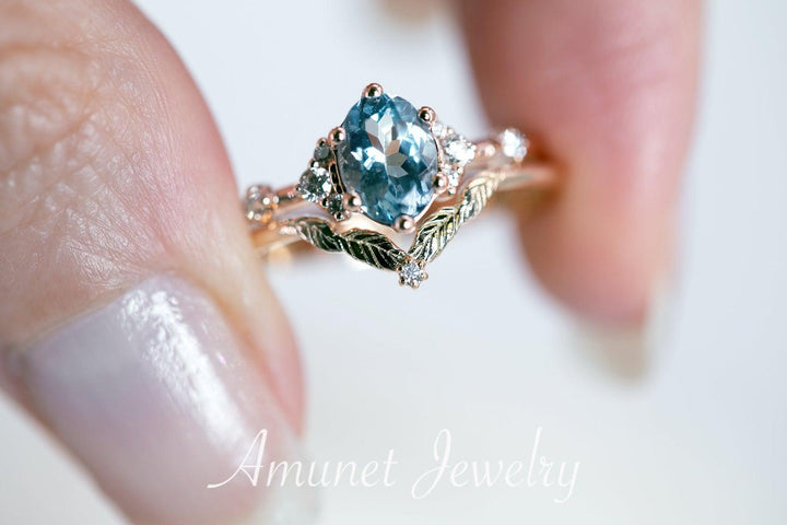 Engagement ring with a aquamarine,cluster ring, diamond engagement ring,vintage ring - Amunet Jewelry