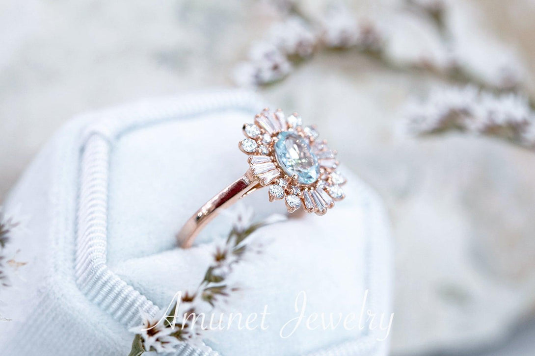 Vintage style aquamarine ring, baguette diamond ring, engagement ring,   vintage style diamond ring - Amunet Jewelry