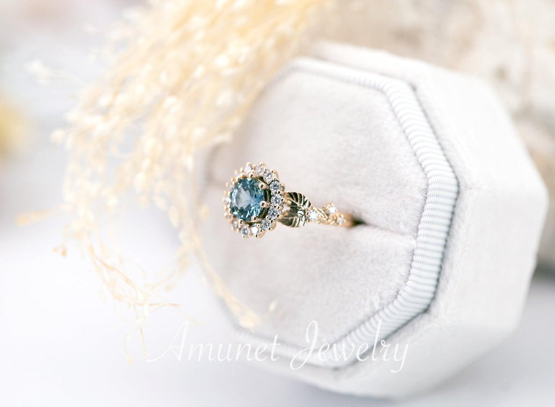Engagement ring with madagascar teal sapphire, sapphire ring,  sapphire engagement ring, diamond ring - Amunet Jewelry