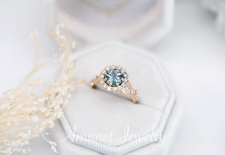Engagement ring with madagascar teal sapphire, sapphire ring,  sapphire engagement ring, diamond ring - Amunet Jewelry