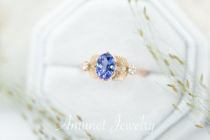 Engagement ring with tanzanite, leaf ring nature inspired design,  engagement ring - Amunet Jewelry