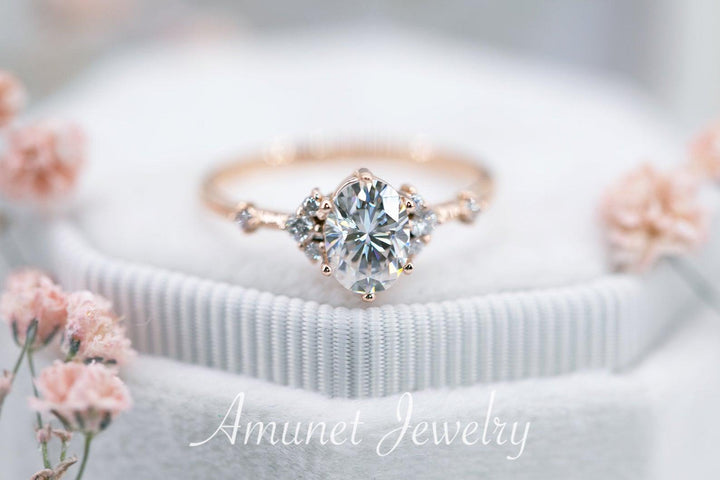 Engagement ring Charles & Colvard forever one moissanite,  cluster ring, diamond ring, diamond engagement ring. - Amunet Jewelry