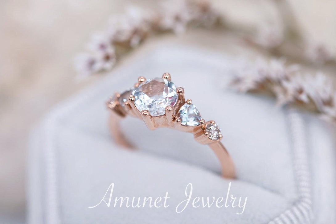 Beautiful timeless aquamarine ring, engagement ring, cluster ring, trillion ring - Amunet Jewelry