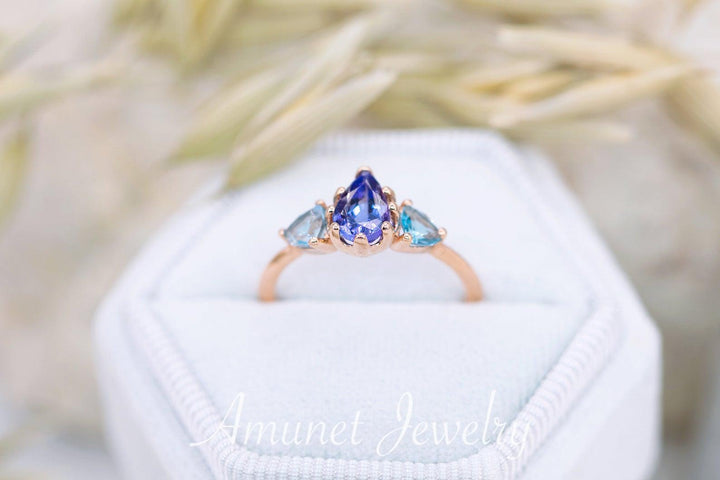 Deep blue tanzanite with blue trillion aquamarine, engagement Ring, aquamarine engagement ring, tanzanite engagement ring. - Amunet Jewelry