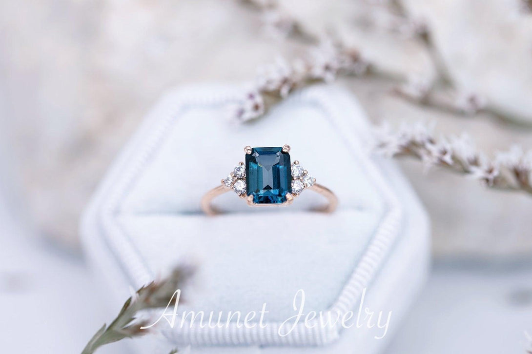 Elegant emerald cut london blue topaz diamond ring, engagement ring, cluster ring. - Amunet Jewelry