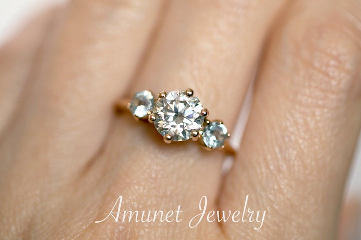 Charles & Colvard moissanite three stone ring, three stone cluster ring, engagement ring,   aquamarine engagement ring. - Amunet Jewelry