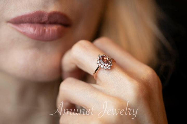 Morganite engagement halo ring, engagement ring, diamond ring. oval morganite ring. - Amunet Jewelry