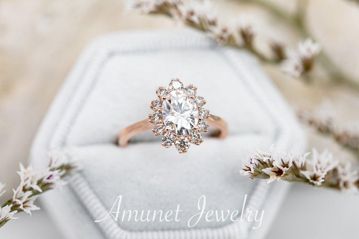 Charles & Colvard moissanite engagement ring, engagement ring, vintage design ring,  halo design engagement ring. - Amunet Jewelry