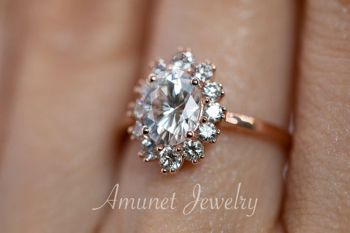 Charles & Colvard moissanite engagement ring, engagement ring, vintage design ring,  halo design engagement ring. - Amunet Jewelry