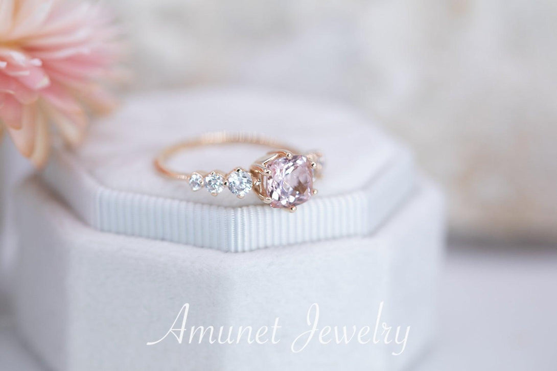 Engagement ring with cushion rose morganite and round white diamonds, diamond cluster ring,vintage ring. - Amunet Jewelry