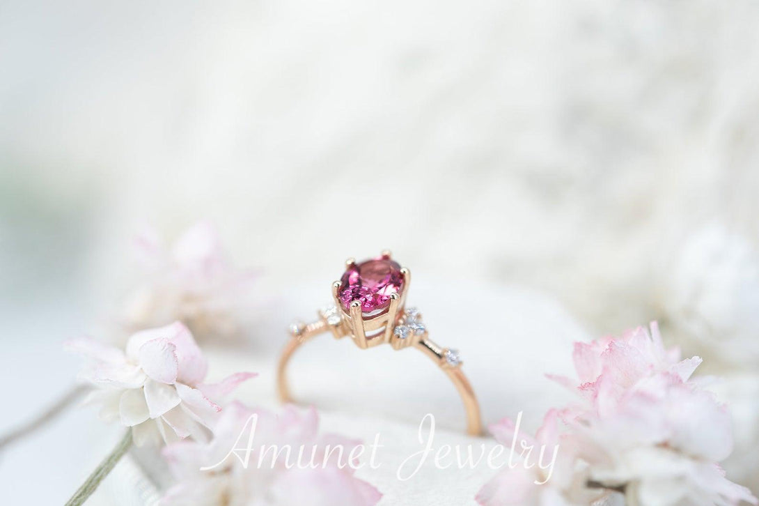 Ring with rubellite pink tourmaline, engagement ring,  oval tourmaline, cluster ring, diamond ring - Amunet Jewelry