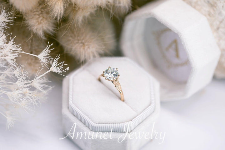 Charles and Colvard moissanite solitaire ring, leaf design, engagement ring. - Amunet Jewelry