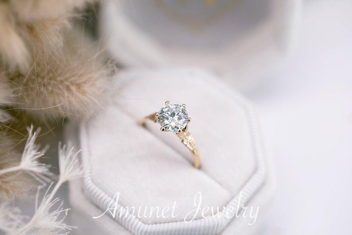 Charles and Colvard moissanite solitaire ring, leaf design, engagement ring. - Amunet Jewelry