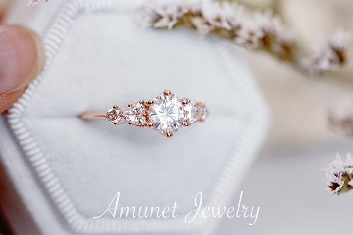 Engagement ring with Charles & Colvard moissanite,cluster ring, diamond engagement ring,unique ring,vintage style ring. - Amunet Jewelry