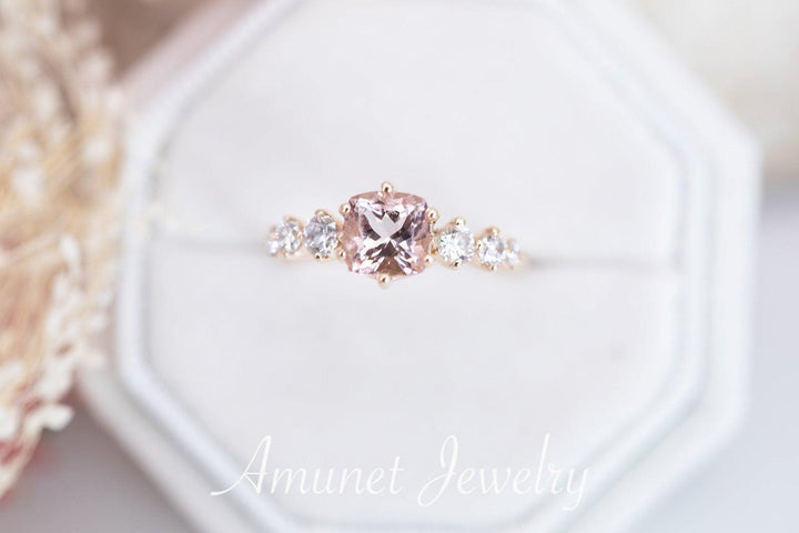Engagement ring with cushion rose morganite and round white diamonds, diamond cluster ring,vintage ring. - Amunet Jewelry