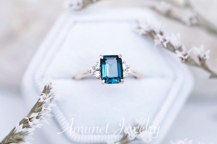 Elegant emerald cut london blue topaz diamond ring, engagement ring, cluster ring. - Amunet Jewelry