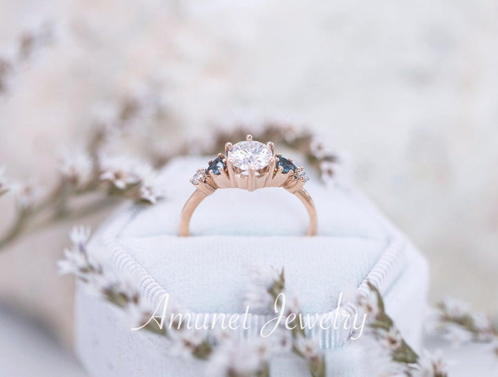 Engagement ring with Charles & Colvard moissanite,cluster ring, diamond cluster ring,unique ring,vintage style ring - Amunet Jewelry