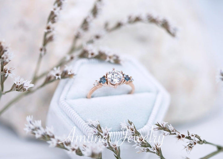 Engagement ring with Charles & Colvard moissanite,cluster ring, diamond cluster ring,unique ring,vintage style ring - Amunet Jewelry