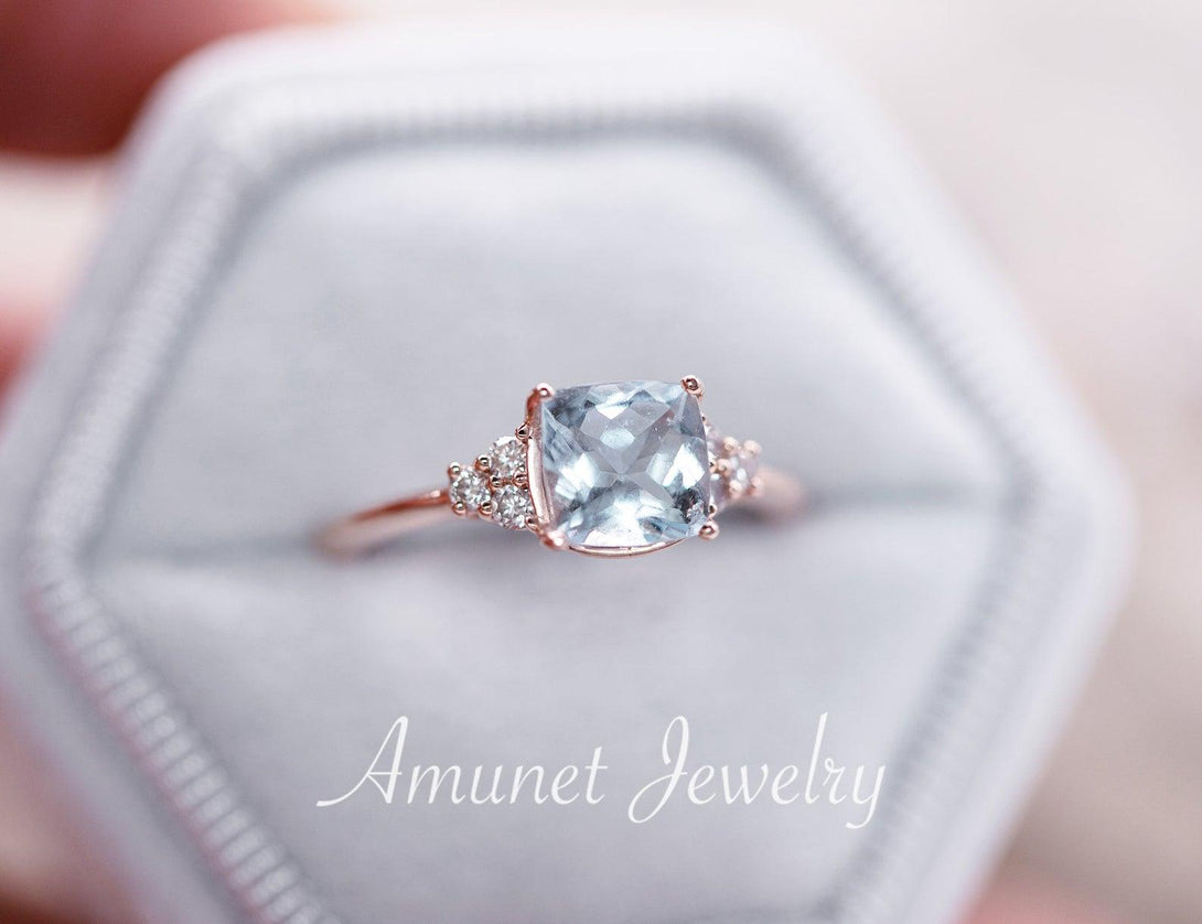 Engagement ring with blue aquamarine cushion,  , cushion cluster aquamarine ring, cluster diamond ring. - Amunet Jewelry