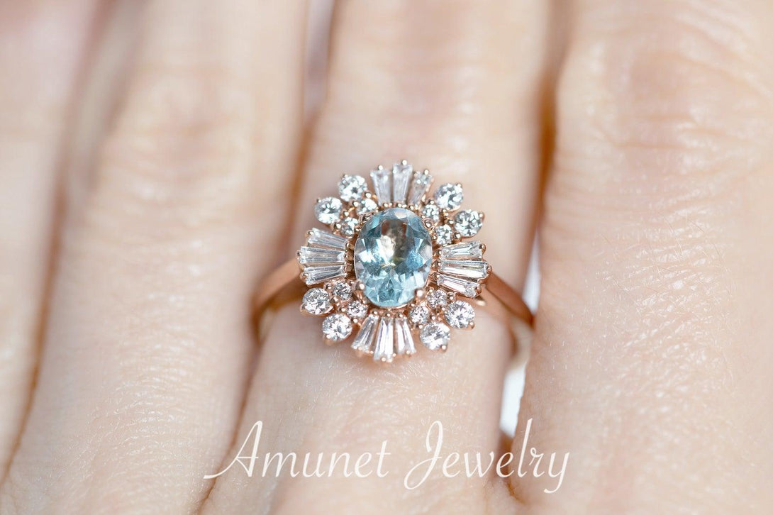Vintage style aquamarine ring, baguette diamond ring, engagement ring,   vintage style diamond ring - Amunet Jewelry