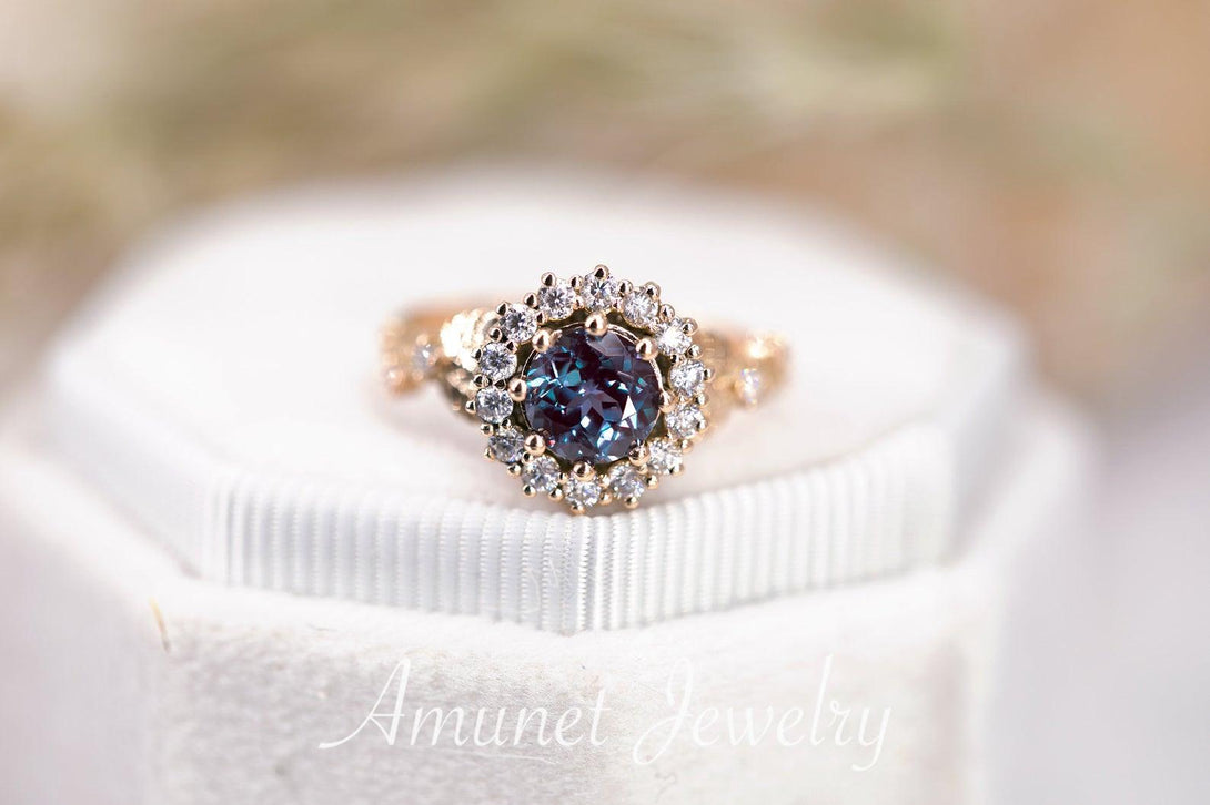 Chatham Alexandrite halo ring,leaf ring,solid gold ring,cluster ring,nature inspired ring,unique engagement ring. - Amunet Jewelry