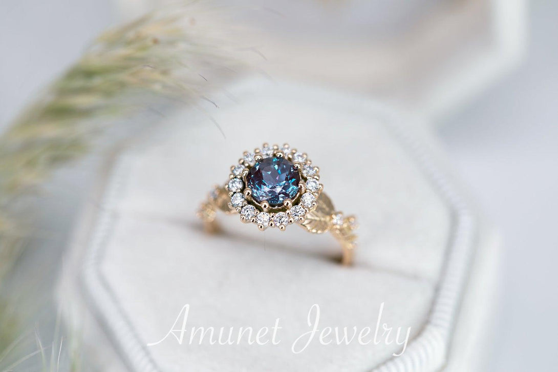 Chatham Alexandrite halo ring,leaf ring,solid gold ring,cluster ring,nature inspired ring,unique engagement ring. - Amunet Jewelry