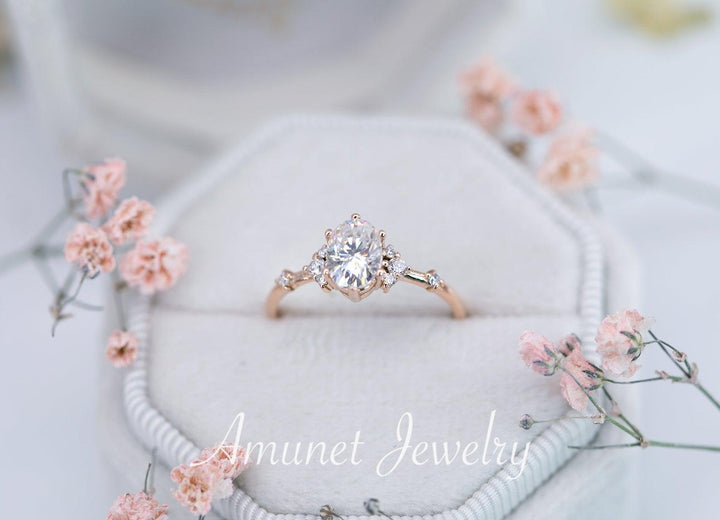 Engagement ring Charles & Colvard forever one moissanite,  cluster ring, diamond ring, diamond engagement ring. - Amunet Jewelry