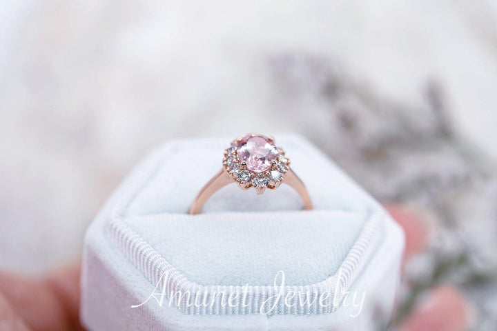 Morganite engagement halo ring, engagement ring, diamond ring. oval morganite ring. - Amunet Jewelry