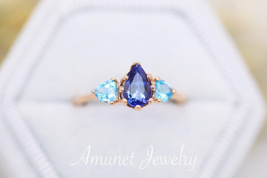 Deep blue tanzanite with blue trillion aquamarine, engagement Ring, aquamarine engagement ring, tanzanite engagement ring. - Amunet Jewelry