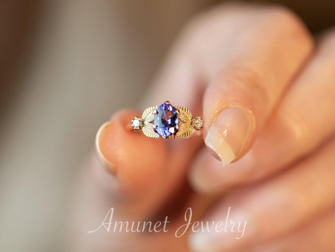 Engagement ring with tanzanite, leaf ring nature inspired design,  engagement ring - Amunet Jewelry