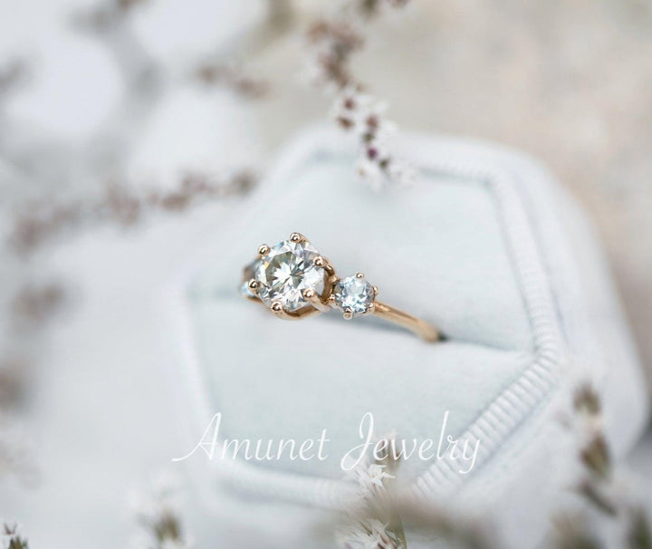 Charles & Colvard moissanite three stone ring, three stone cluster ring, engagement ring,   aquamarine engagement ring. - Amunet Jewelry