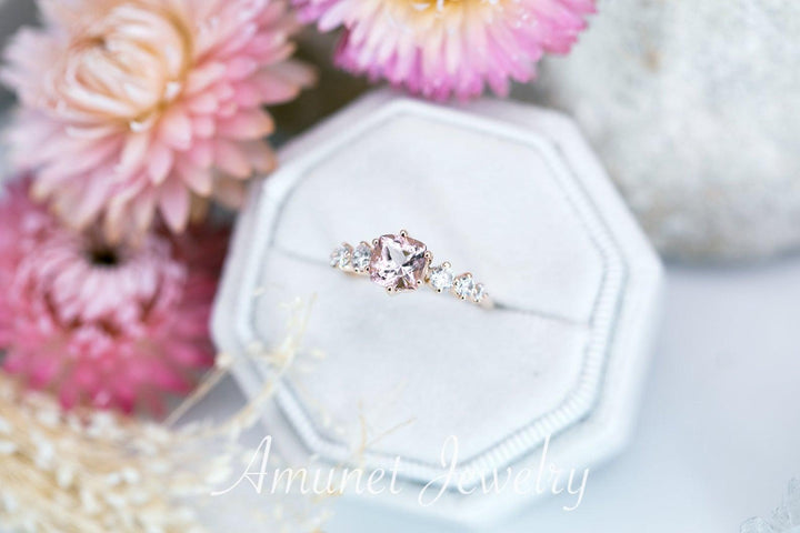 Engagement ring with cushion rose morganite and round white diamonds, diamond cluster ring,vintage ring. - Amunet Jewelry