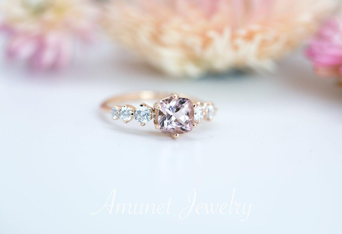 Engagement ring with cushion rose morganite and round white diamonds, diamond cluster ring,vintage ring. - Amunet Jewelry