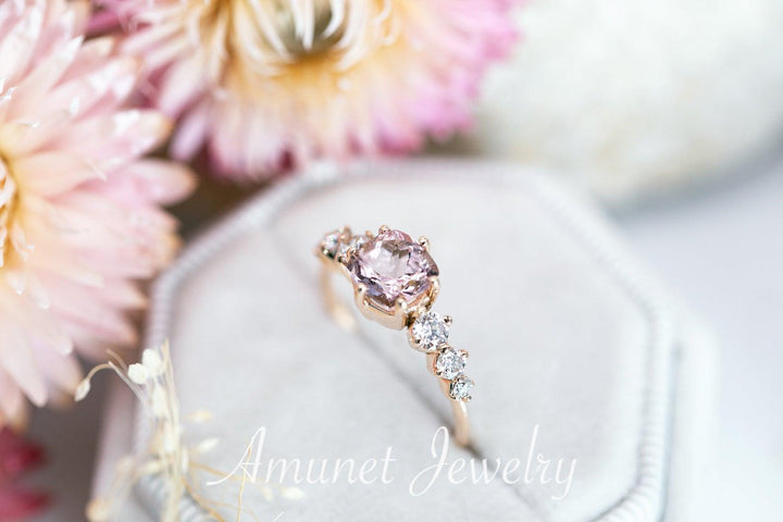 Engagement ring with cushion rose morganite and round white diamonds, diamond cluster ring,vintage ring. - Amunet Jewelry