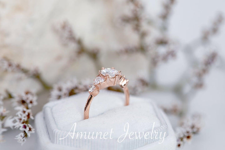 Engagement ring with Charles & Colvard moissanite,cluster ring, diamond engagement ring,unique ring,vintage style ring. - Amunet Jewelry