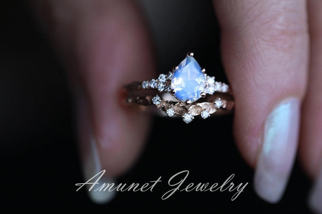 Moonstone diamond ring, engagement ring, leaf design ring, unique ring, moonstone ring - Amunet Jewelry